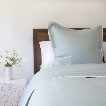 Celadon Light Green Linen Duvet Cover with White piped edge