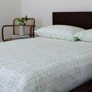 White linen sheet set watercolor green leaf print botanical 