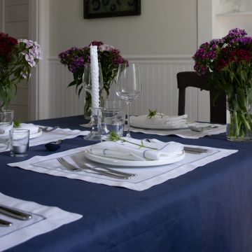 White Linen Napkin with Navy Blue Contrast Hemstitch
