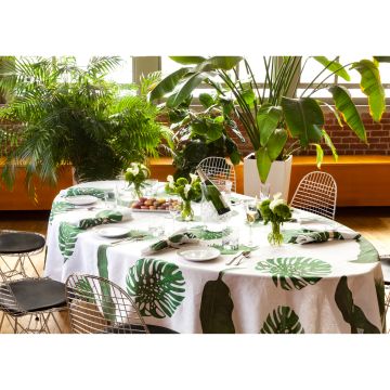 Tropical Leaves Round Linen Tablecloth