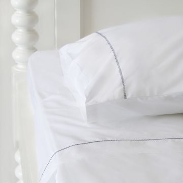 White 500TC Cotton Percale Top Sheet - Navy Blue Hemstitch