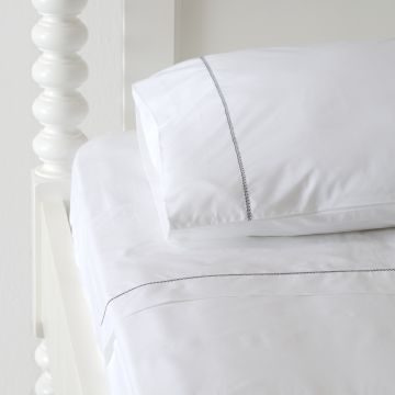 Huddleson White Luxury Cotton Percale Sheets - Black Hemstitch