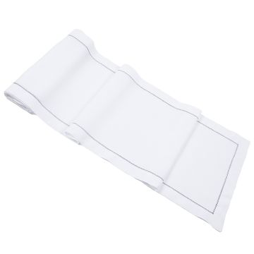 White Linen Table Runner with Navy Blue Contrast Hemstitch