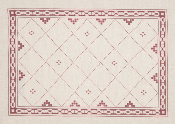 Huddleson red and natural linen placemat with moroccan bohemian casual modern print