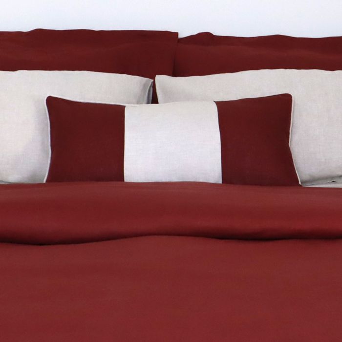 Burgundy red and natural flax linen decorative pillow