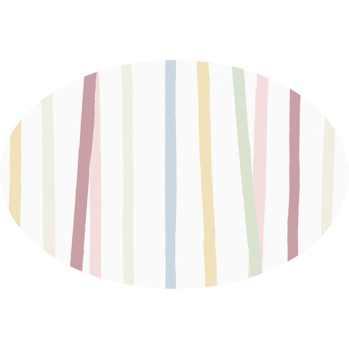 Huddleson white oval linen tablecloth pastel pink blue green stripes