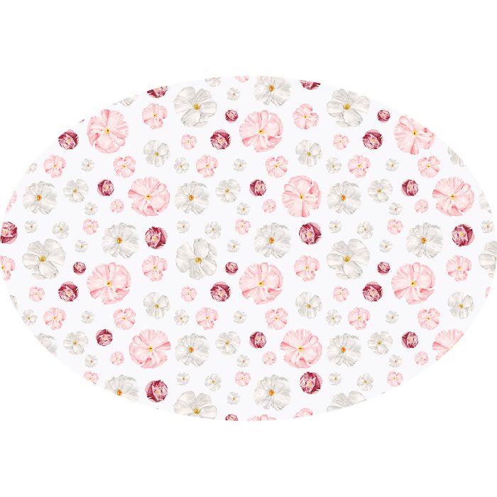 Poppy print floral oval linen tablecloth burgundy white