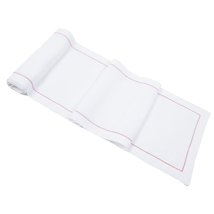 White linen table runner red trim hemstitch