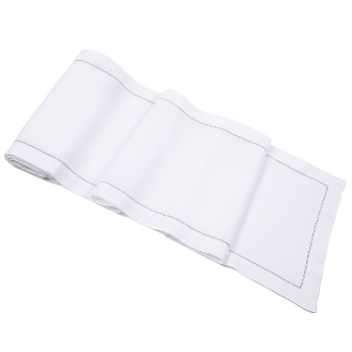 white linen table runner with sage green trim hemstitch
