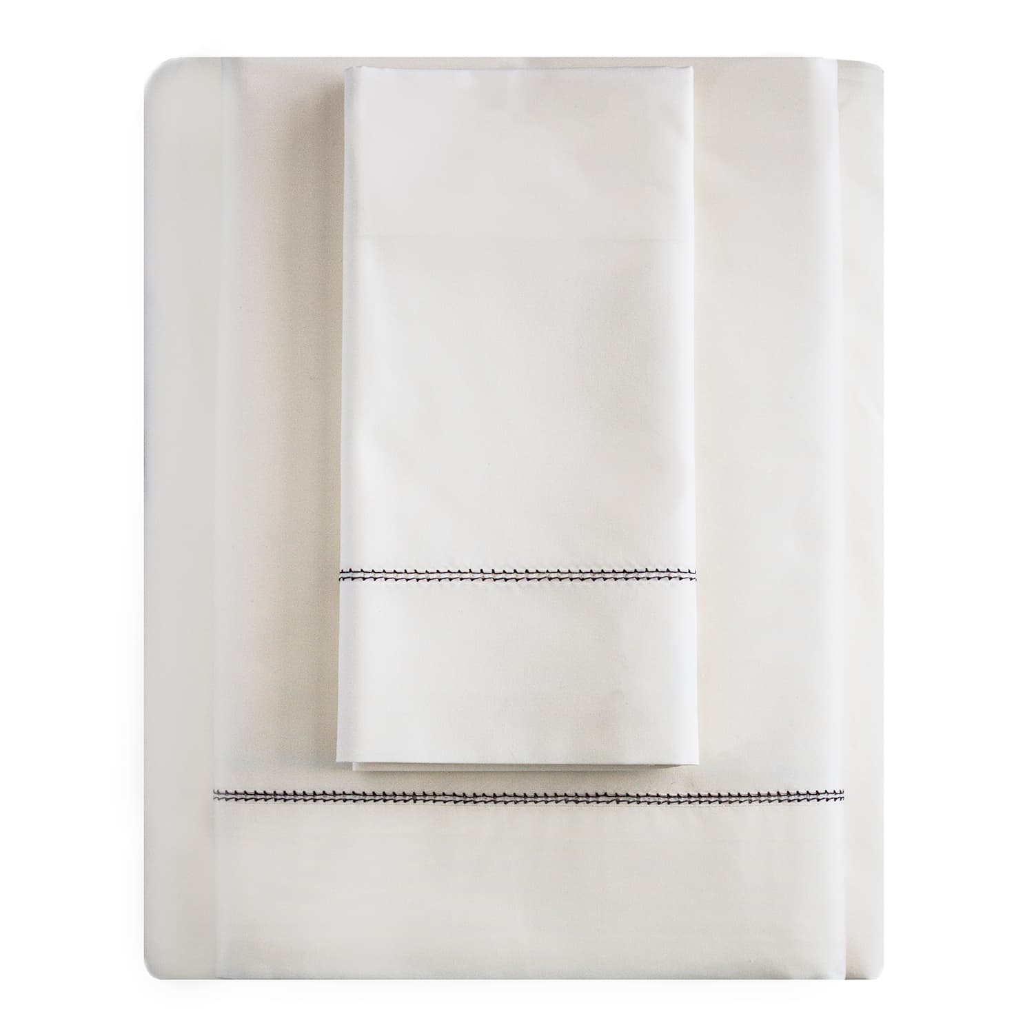 Ivory Cotton Percale Sheet Set Chocolate Hemstitch <br> $440