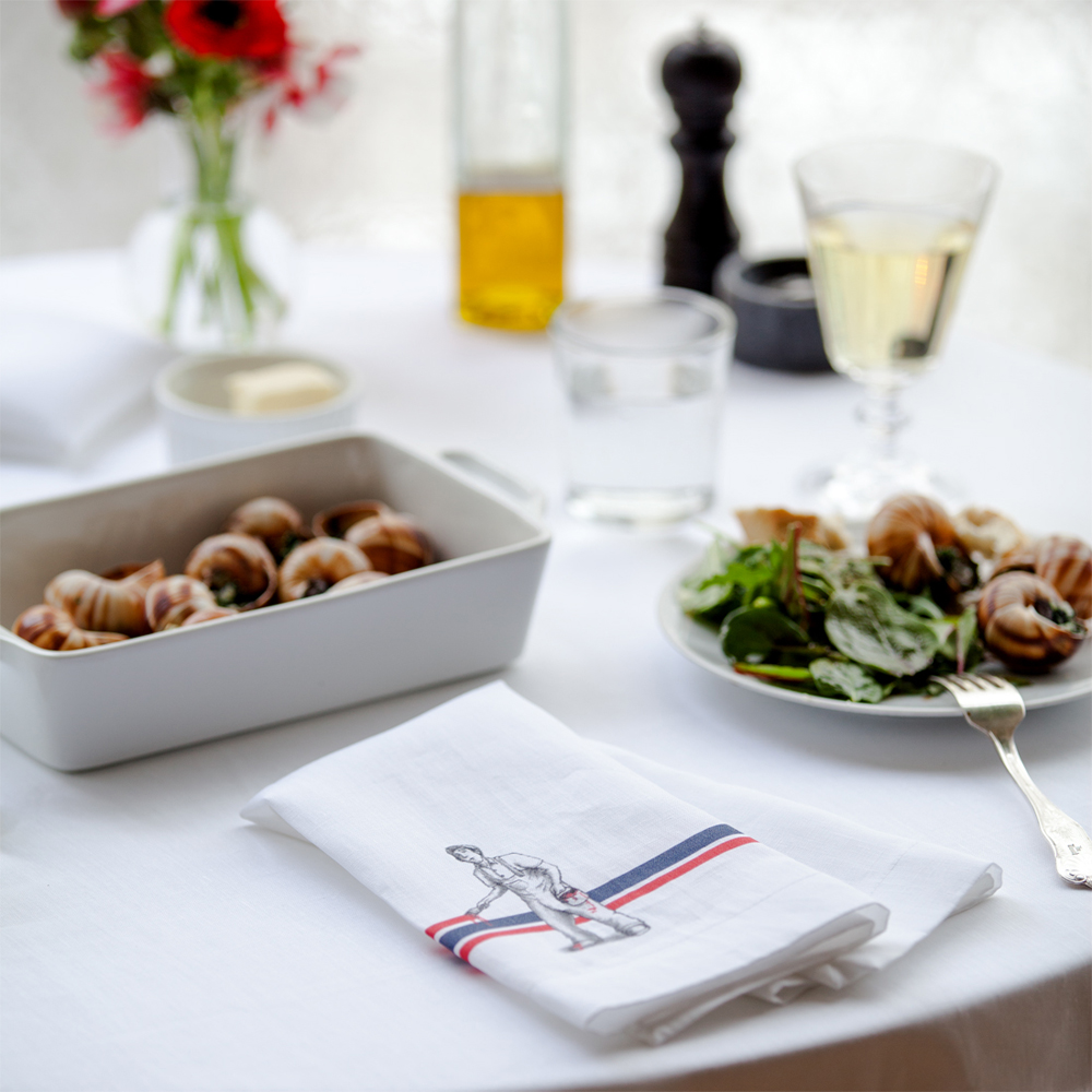 All White Decor Monochrome Monogram Napkins Linens Made in Italy Crisp Fresh Dinner Party Hosting French Lunch Wine Ticking Stripe Red White Blue