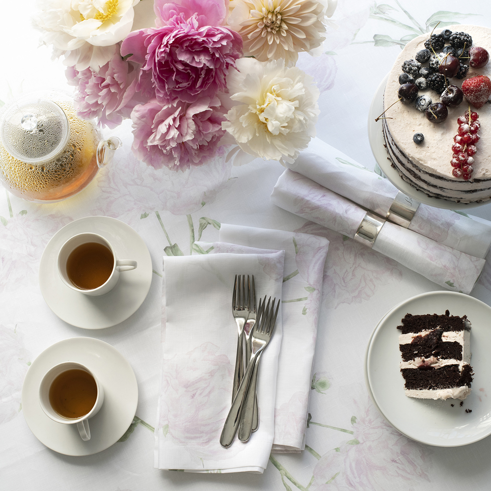 Peony Roses Blossoms Linen Tablecloth Napkins Sweets Cake Brunch Pastels Entertaining Ladies Lunch Bridal