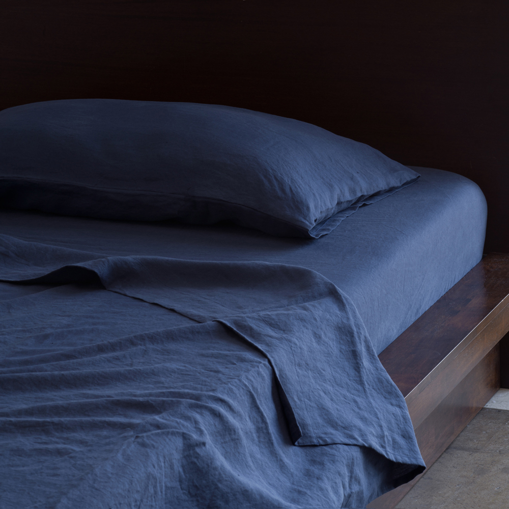 Navy Blue and White Nautical Preppy Relaxed Linen Bedding Sheets Duvet Natural Organic Bedding