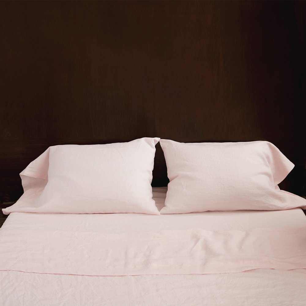 Pink Linen Bedding Sheet Set Pillows Organic Italian Thread Count Cloud Soft Comfy Elegant Pastel Dusk Sunset Magic Hour Rose Millenial Pink