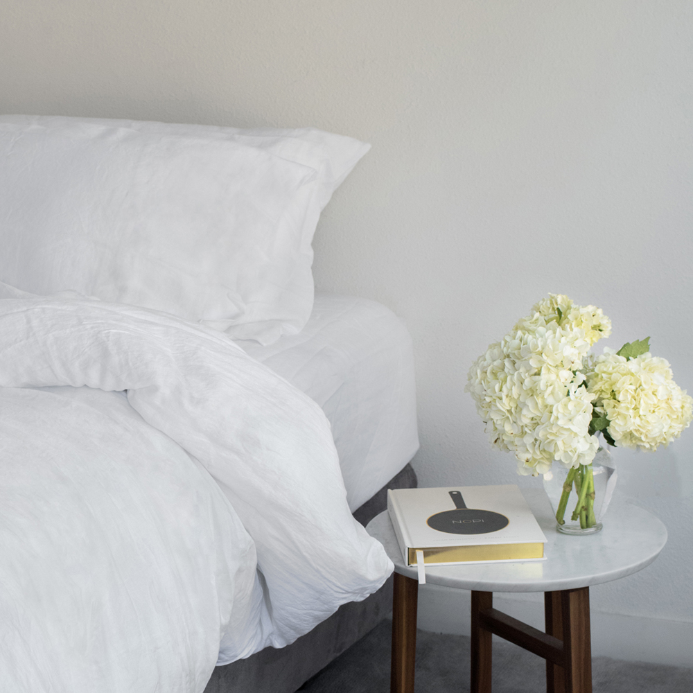 All White Decor Monochrome Cloud Bedding Italian Linen Organic Sheets Modern Traditional Bedroom Design Fresh Crisp Tranquile Sleep Sleep Well Sleep Better