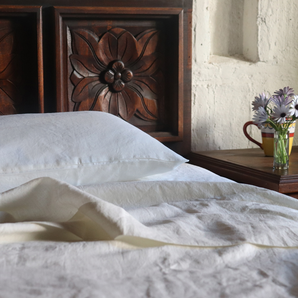 Ivory Cream Linen Bed Sheets Huddleson Carved Wood Headboard