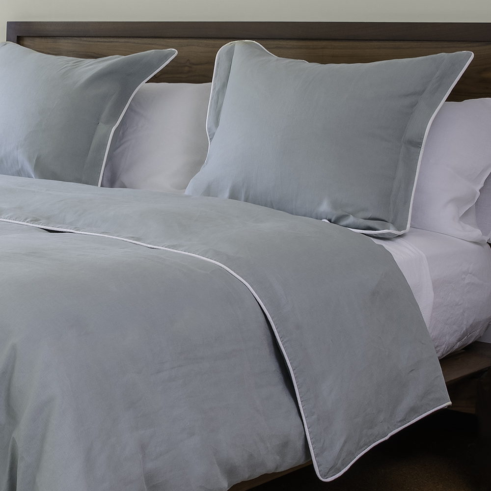 Piped Edge Linen Bedding celadon green mint sage white linen piped duvet with trim sheets made in Italy