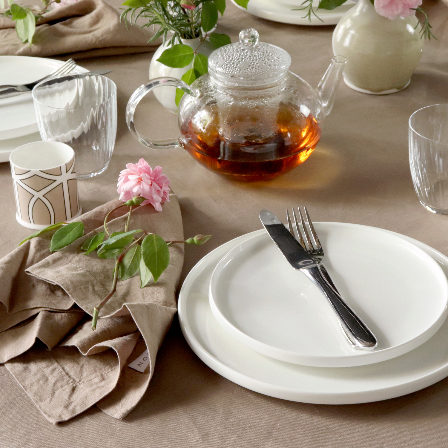 Coffee Brown Italian Linen Napkin Shabby Chic Cottage Core Garden Roses Pink Tea Brunch Romantic Table Cozy Carnation Girly