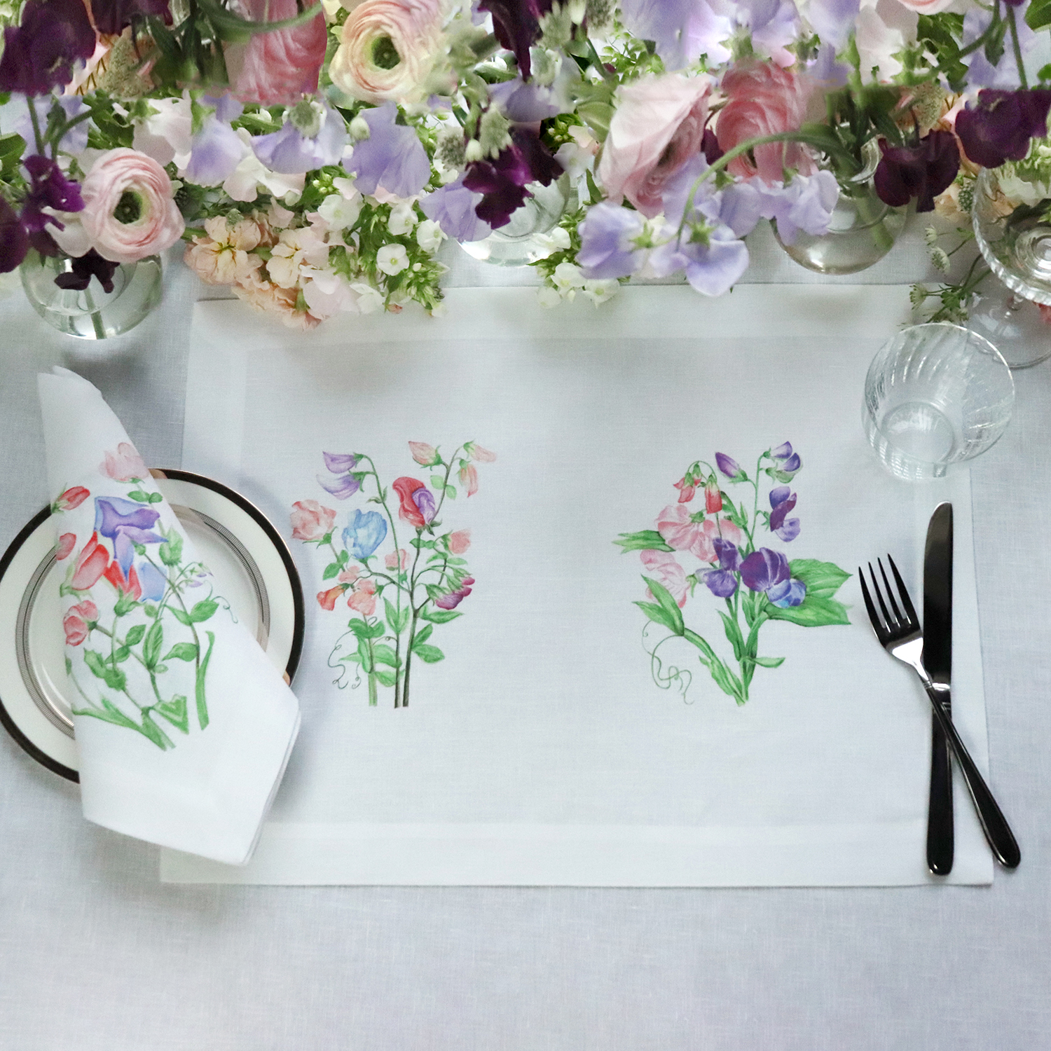 Sweet Pea Linen Placemat and Napkin shabby chic floral Laura Ashley garden party cottage core
