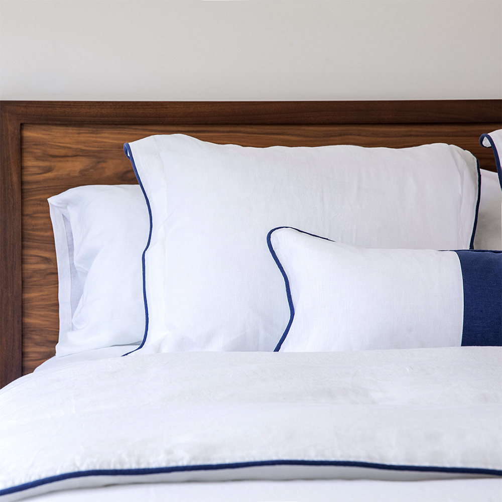 100 percent Italian linen bedding navy blue piped edge trim