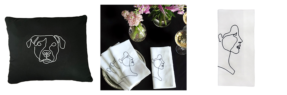 Portrait Line Drawing Embroidered Linen Napkin 