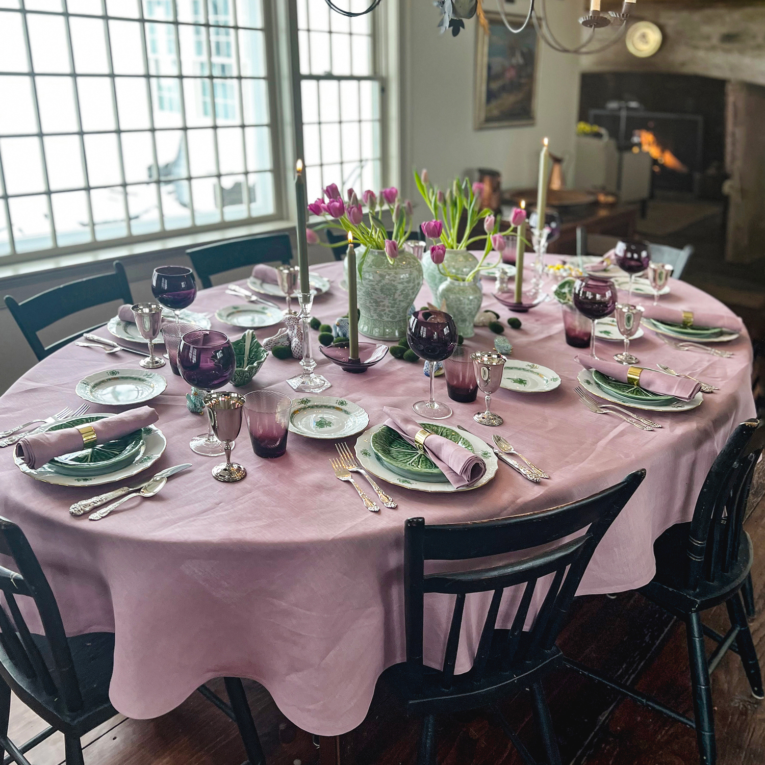 oval linen tablecloth lilac purple