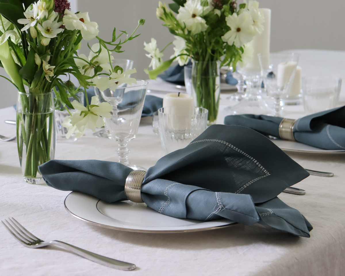 Teal green napkin hemstitched Italian linen 