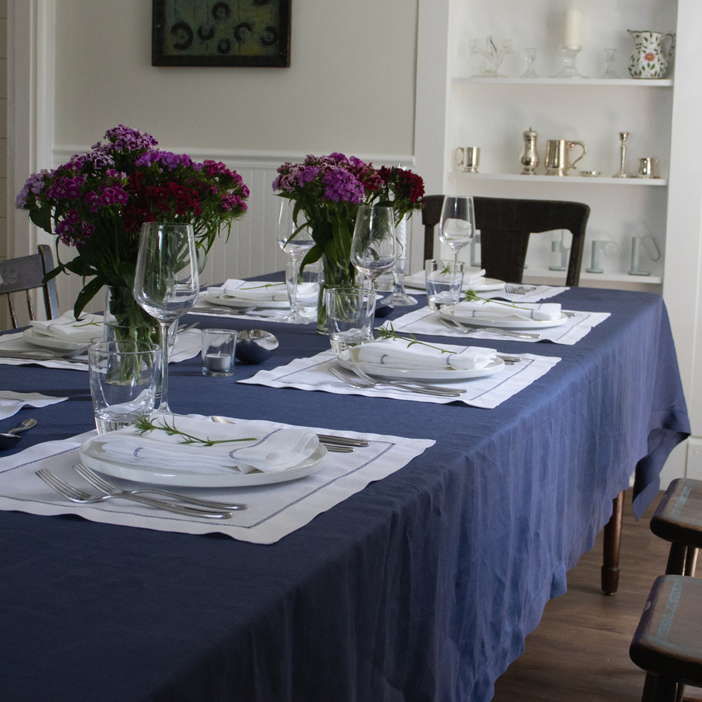 Blue and white holiday tablescape linen tablecloth