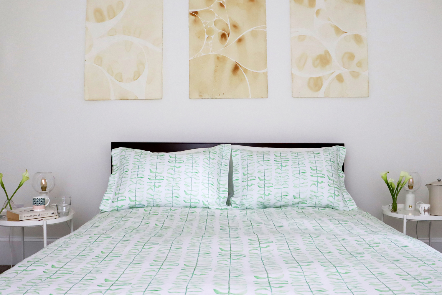 Green and white linen duvet cover leaf print 