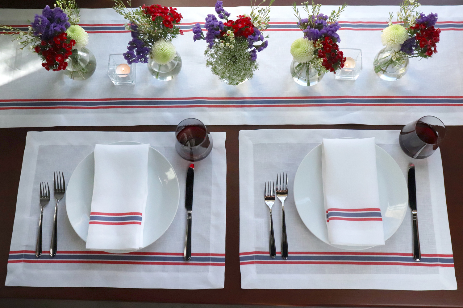 Red white and blue ticking linen table runner striped 